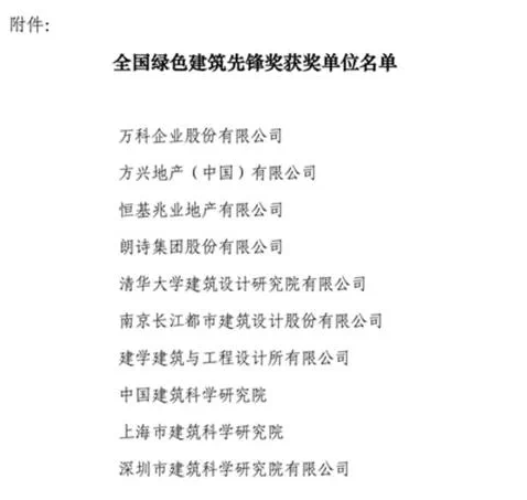 2015年度全国绿色建筑先锋奖获奖单位名单公示