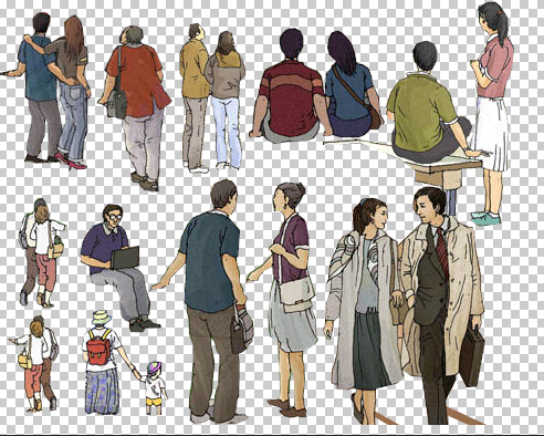 手绘风格人物素材，透明背景，PSD分层