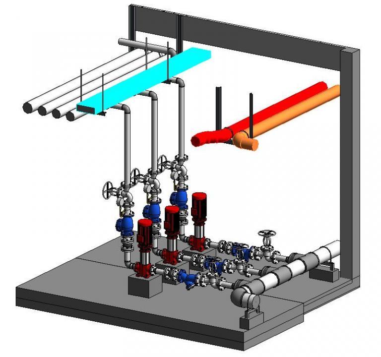 水泵房全套完整设备、阀门、附件、支吊架套装Revit族库，1:1自适应族库，BIM模型族库