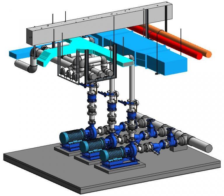 水泵房全套完整设备、阀门、附件、支吊架套装Revit族库，1:1自适应族库，BIM模型族库