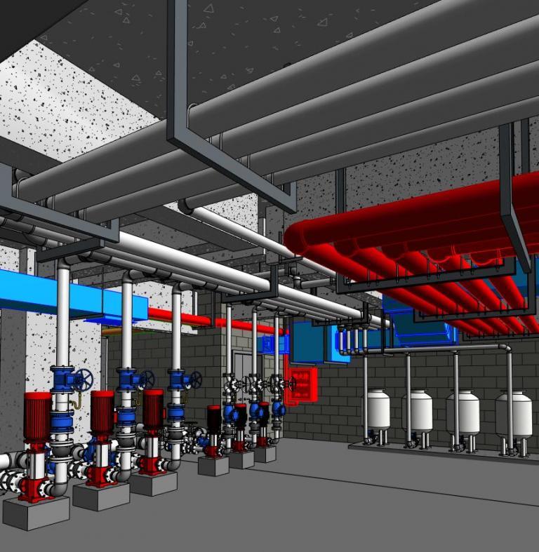 水泵房全套完整设备族、阀门、附件、支吊架套装Revit族库，1:1自适应族库，BIM模型