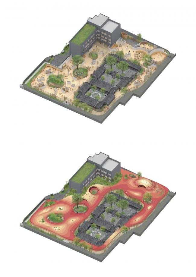 BIM建筑|MAD为北京四合院设计漂浮屋顶幼儿园，孩子们可以“上房揭瓦”啦