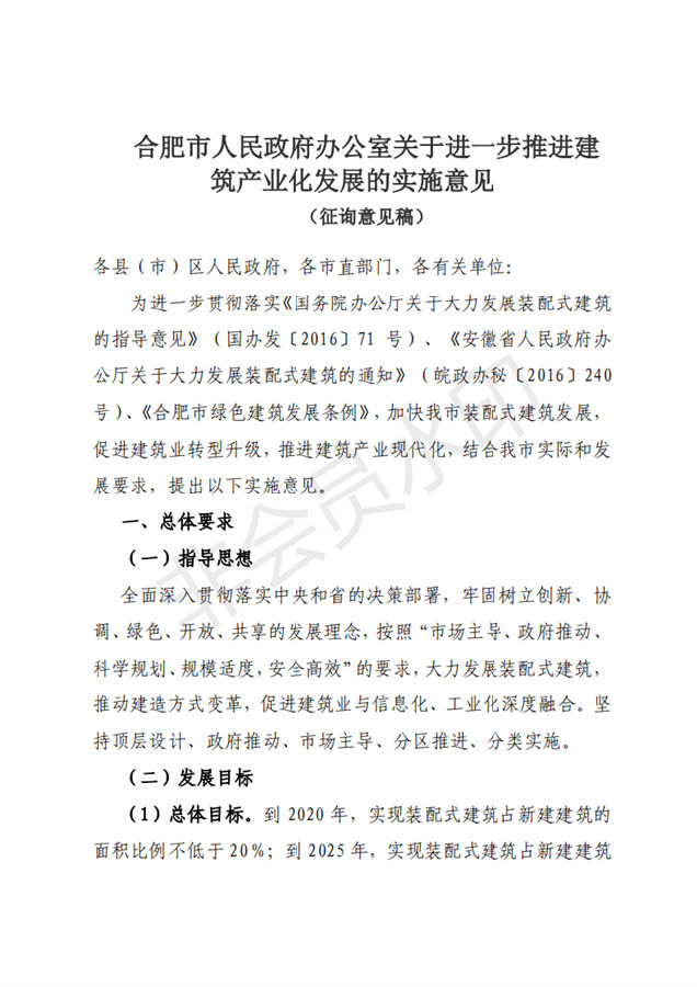 BIM与装配式|合肥市人民政府办公室关于进一步推进建筑产业化发展的实施意见（征询意见稿）合肥市人民政府办公室关于进一步推进建筑产业化发展的实施意见（征询意见稿）