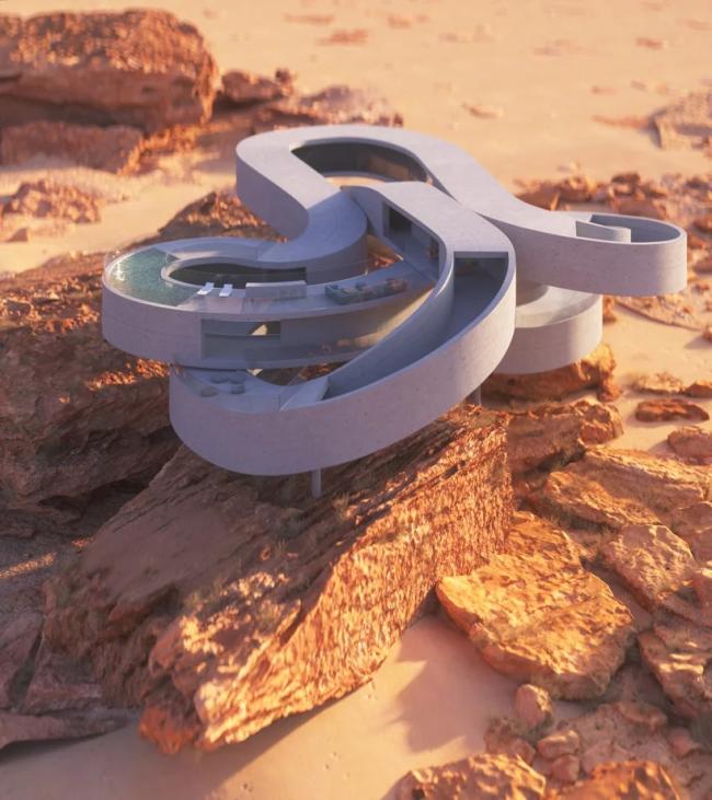 BIM建筑|悬空于戈壁景不雅之上的蜿蜒纠缠的混凝土体量