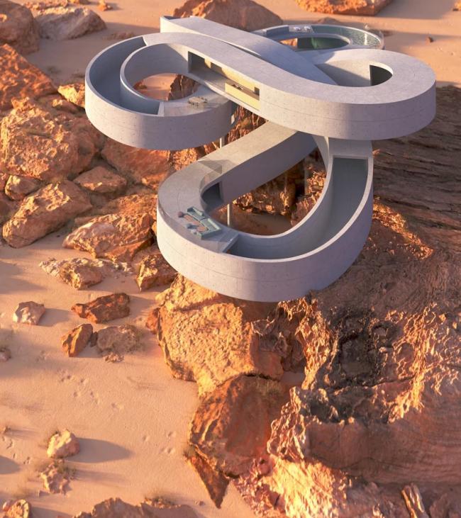 BIM建筑|悬空于戈壁景不雅之上的蜿蜒纠缠的混凝土体量