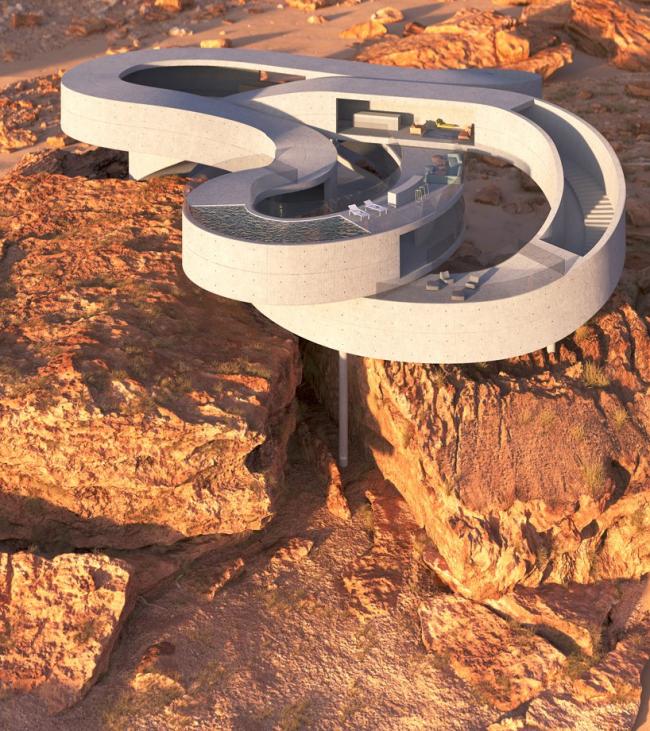 BIM建筑|悬空于戈壁景不雅之上的蜿蜒纠缠的混凝土体量