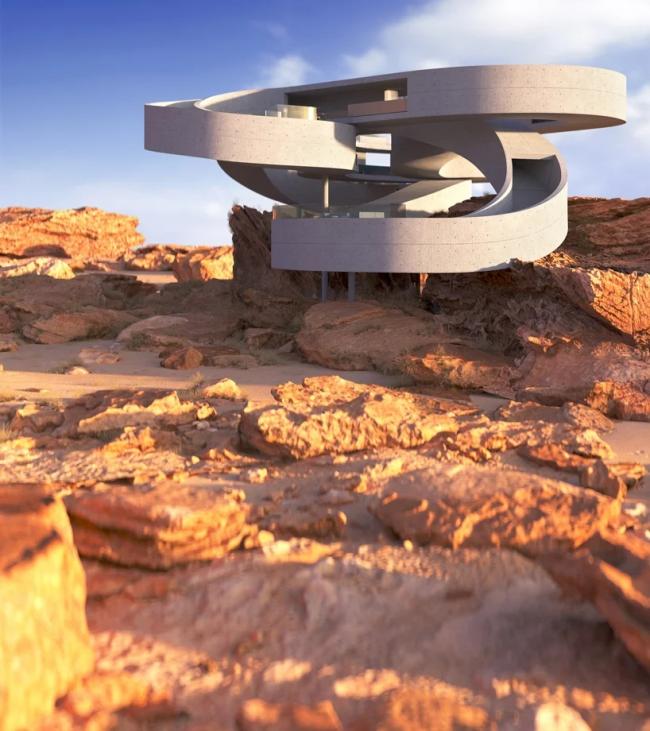 BIM建筑|悬空于戈壁景不雅之上的蜿蜒纠缠的混凝土体量