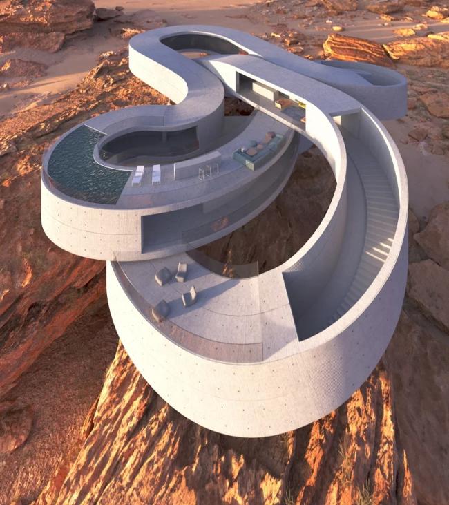 BIM建筑|悬空于戈壁景不雅之上的蜿蜒纠缠的混凝土体量