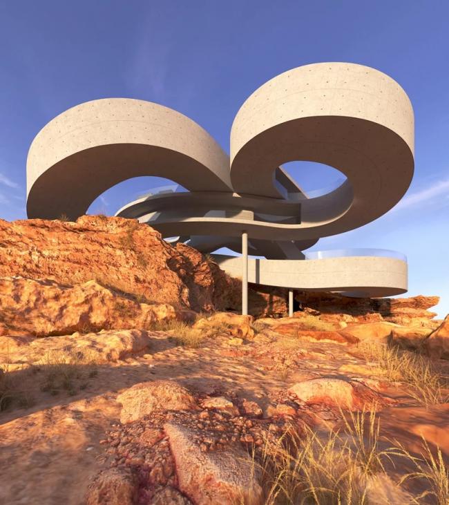 BIM建筑|悬空于戈壁景不雅之上的蜿蜒纠缠的混凝土体量