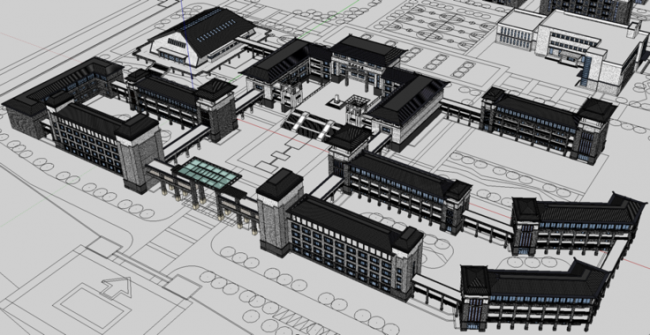 Sketchup规划模型|行政心及学校规划，新中式风格