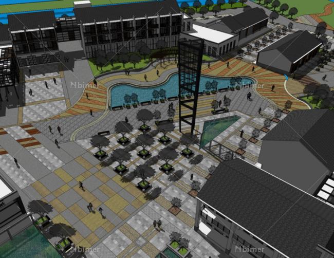 Sketchup规划模型|多层商业街步行街，新中式风格，码头，建筑规划，滨水