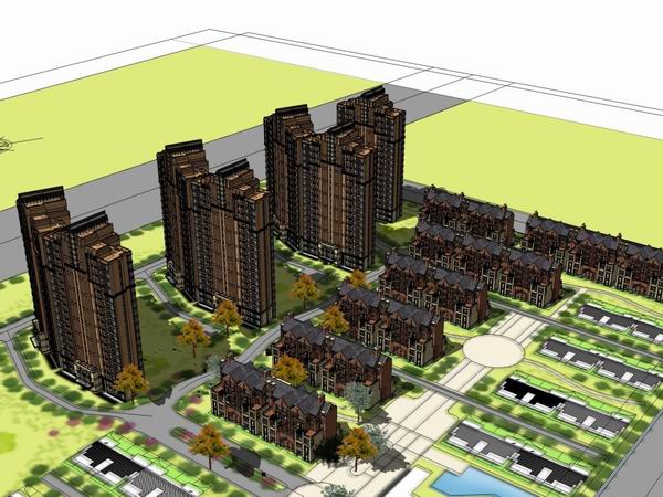 Sketchup规划模型|多层住宅小区，规划，古典风格，18层