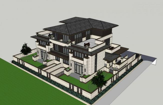 Sketchup别墅模型|多层住宅，居住建筑，双拼别墅，草原风格