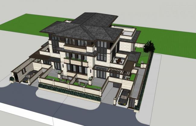 Sketchup别墅模型|多层住宅，居住建筑，双拼别墅，草原风格