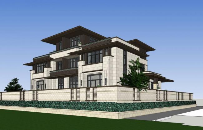 Sketchup别墅模型|多层住宅，居住建筑，双拼别墅，草原风格