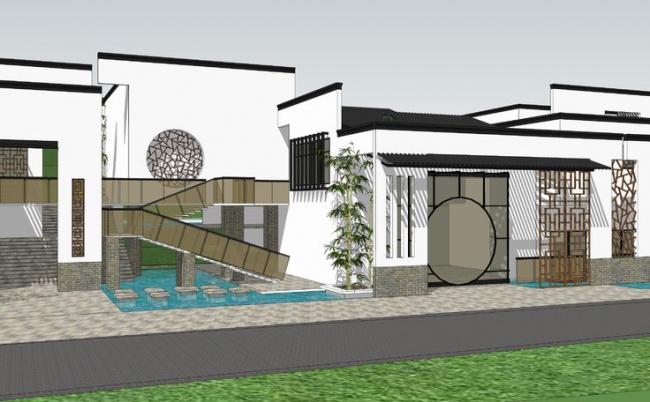 Sketchup别墅模型|别墅，院落，景观，山地，水景，新中式风格
