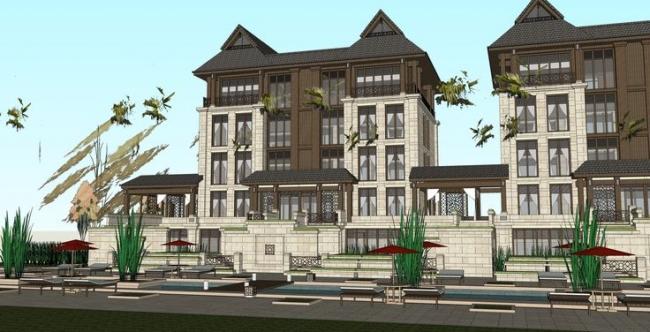 Sketchup别墅模型|叠拼别墅，住宅设计，会所，度假中心，东南亚风格，景观设计