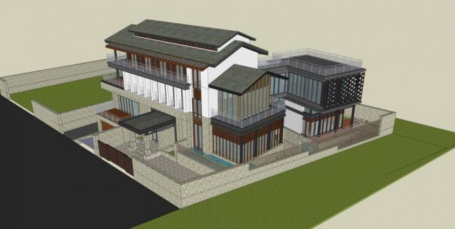 Sketchup别墅模型|独栋别墅，多层住宅，居住建筑，新中式风格