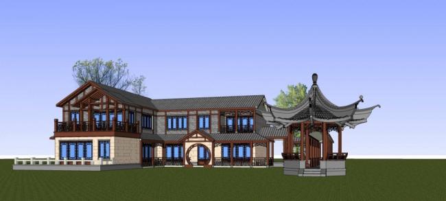 Sketchup别墅模型|独栋别墅，居住建筑，多层，中式风格