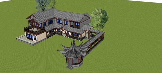 Sketchup别墅模型|独栋别墅，居住建筑，多层，中式风格