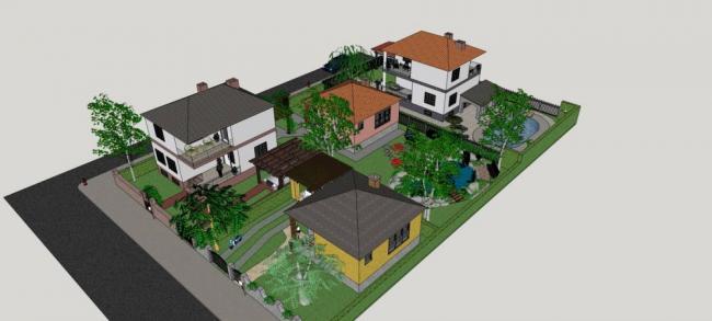 Sketchup别墅模型|居住建筑，独栋别墅，美式，坡屋顶，庭院别墅