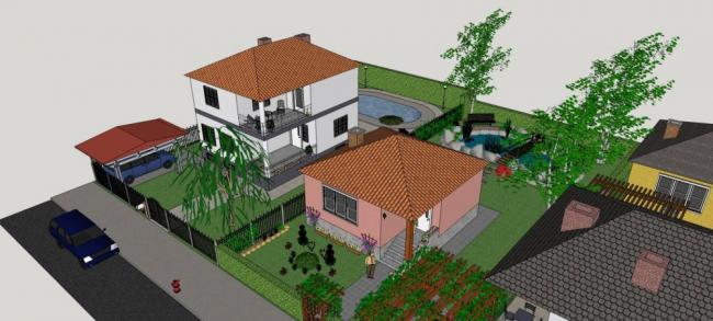Sketchup别墅模型|居住建筑，独栋别墅，美式，坡屋顶，庭院别墅