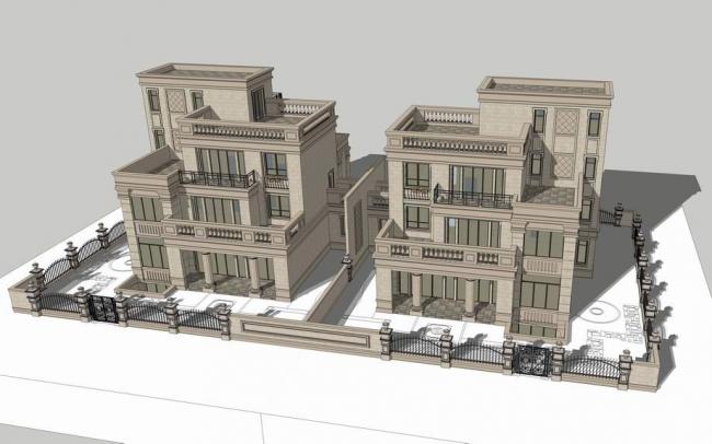 Sketchup别墅模型|双拼别墅，新古典风格，简欧式别墅