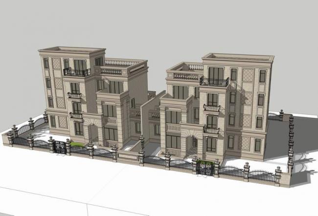 Sketchup别墅模型|双拼别墅，新古典风格，简欧式别墅