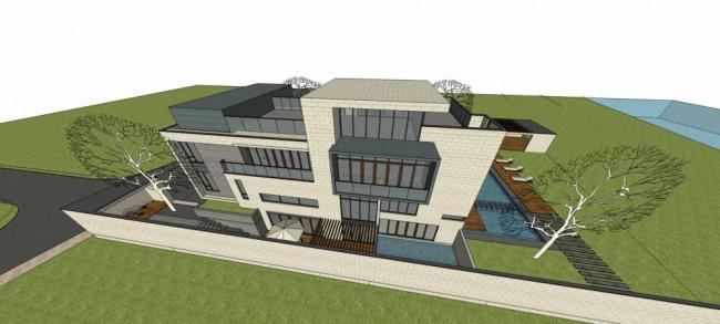 Sketchup别墅模型|独栋别墅，现代风格，庭院别墅，多层居住建筑
