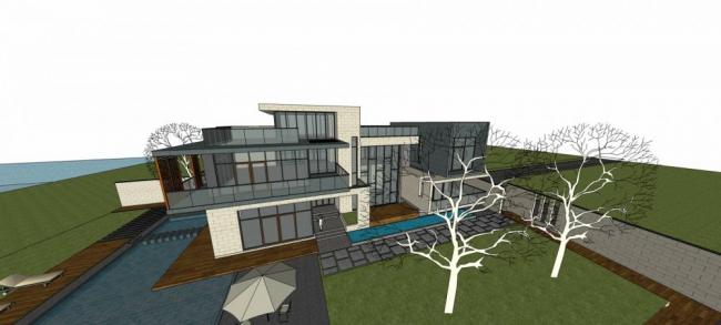 Sketchup别墅模型|独栋别墅，现代风格，庭院别墅，多层居住建筑