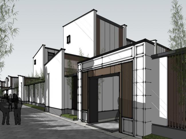 Sketchup别墅模型|联排别墅，新中式风格，东方新古典