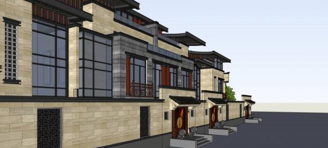 Sketchup别墅模型|联排别墅，多层，居住建筑，中式风格