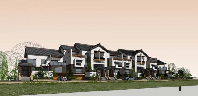 Sketchup别墅模型|联排别墅，新中式风格，居住建筑