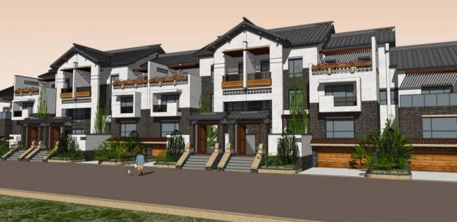 Sketchup别墅模型|联排别墅，新中式风格，居住建筑