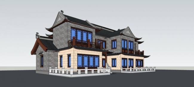 Sketchup别墅模型|独栋别墅，中式风格，居住建筑，多层