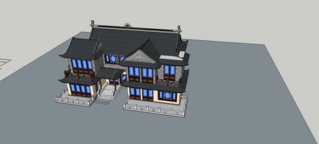 Sketchup别墅模型|独栋别墅，中式风格，居住建筑，多层