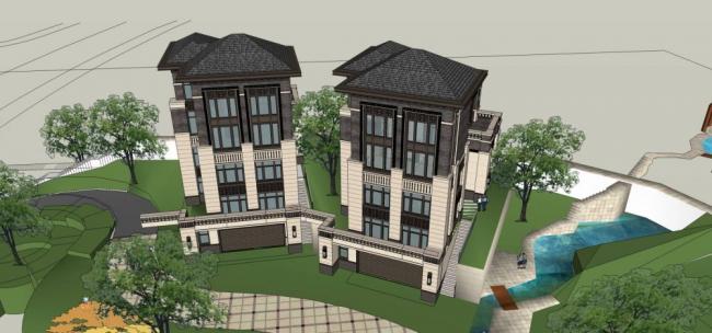 Sketchup别墅模型|独栋别墅，居住建筑，多层，新中式风格