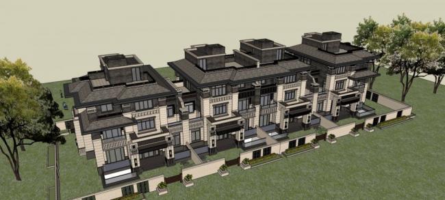 Sketchup别墅模型|联排别墅，赖特，新中式，居住建筑