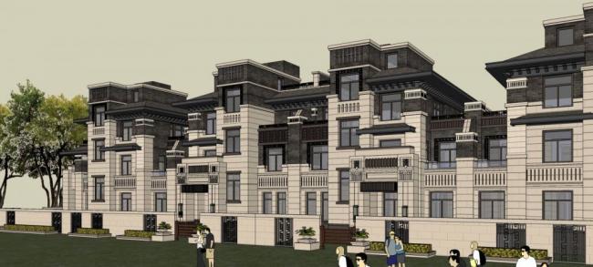 Sketchup别墅模型|联排别墅，赖特，新中式，居住建筑