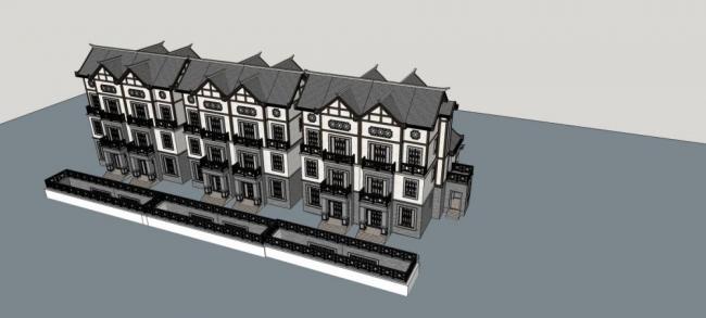 Sketchup别墅模型|联排别墅，多层，中式风格，居住建筑