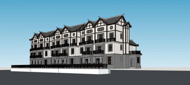 Sketchup别墅模型|联排别墅，多层，中式风格，居住建筑