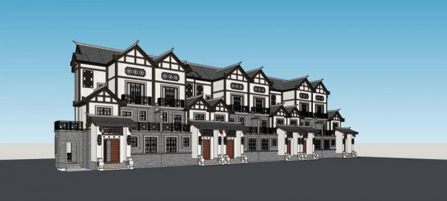 Sketchup别墅模型|联排别墅，多层，中式风格，居住建筑