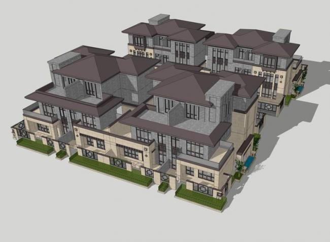 Sketchup别墅模型|中信泰富别墅，双拼别墅，联排别墅 ，新中式风格