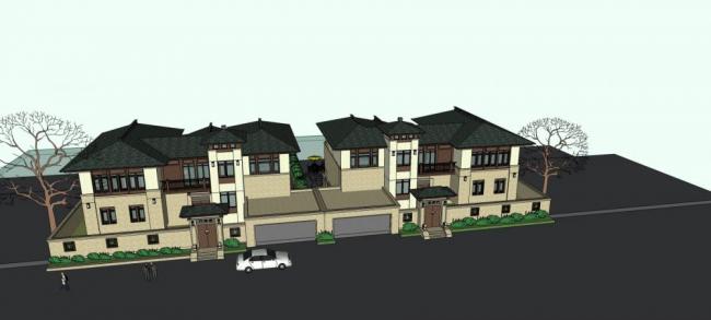 Sketchup别墅模型|双拼别墅，新中式风格，居住建筑