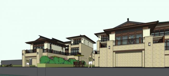 Sketchup别墅模型|双拼别墅，新中式风格，居住建筑