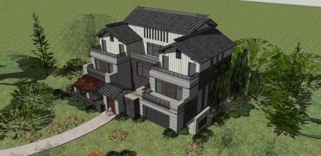 Sketchup别墅模型|独栋别墅，新中式风格