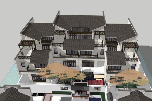 Sketchup别墅模型|合院别墅，双拼别墅，中式风格