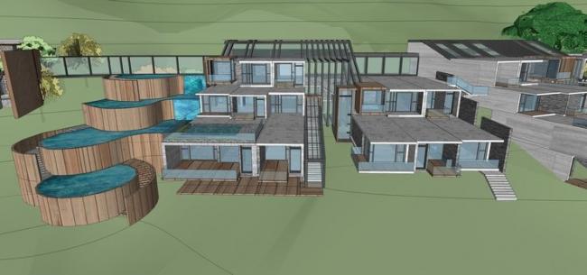 Sketchup别墅模型|现代风格，山地别墅建筑群，酒店，水景