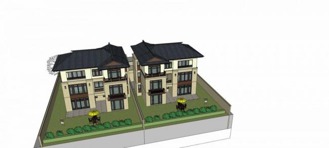 Sketchup别墅模型|双拼别墅，新中式风格，多层，居住建筑