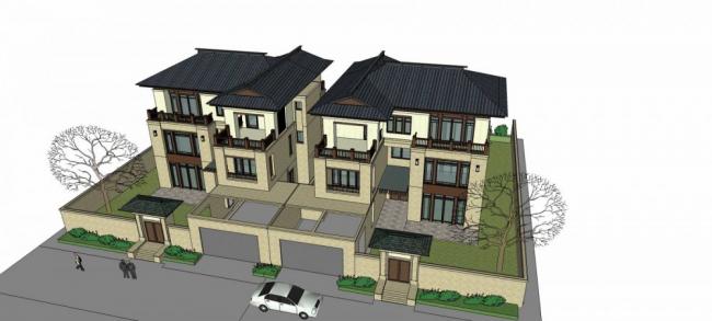 Sketchup别墅模型|双拼别墅，新中式风格，多层，居住建筑